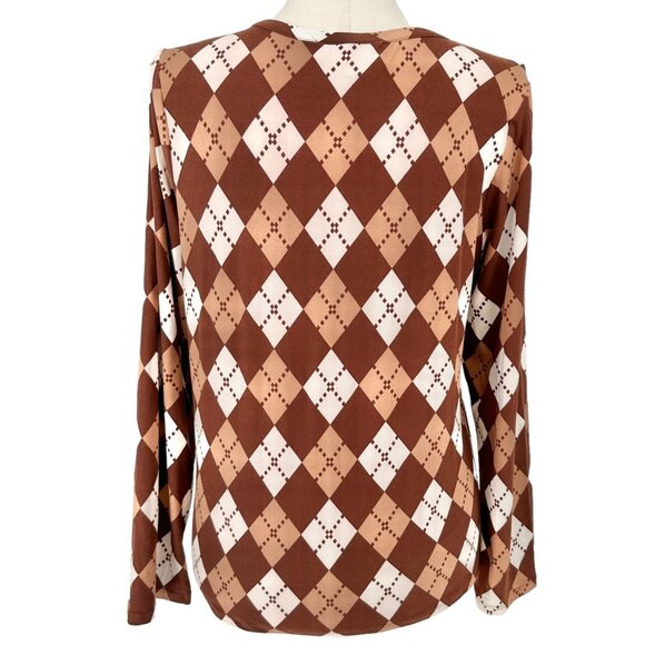 Inner Circle Blouse Womens XL Brown Argyle Print Soft Stretchy Long Sleeves - Picture 4 of 12